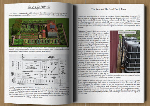 Open book spread from The Self-Sufficient Backyard showing printed diagrams and text.
